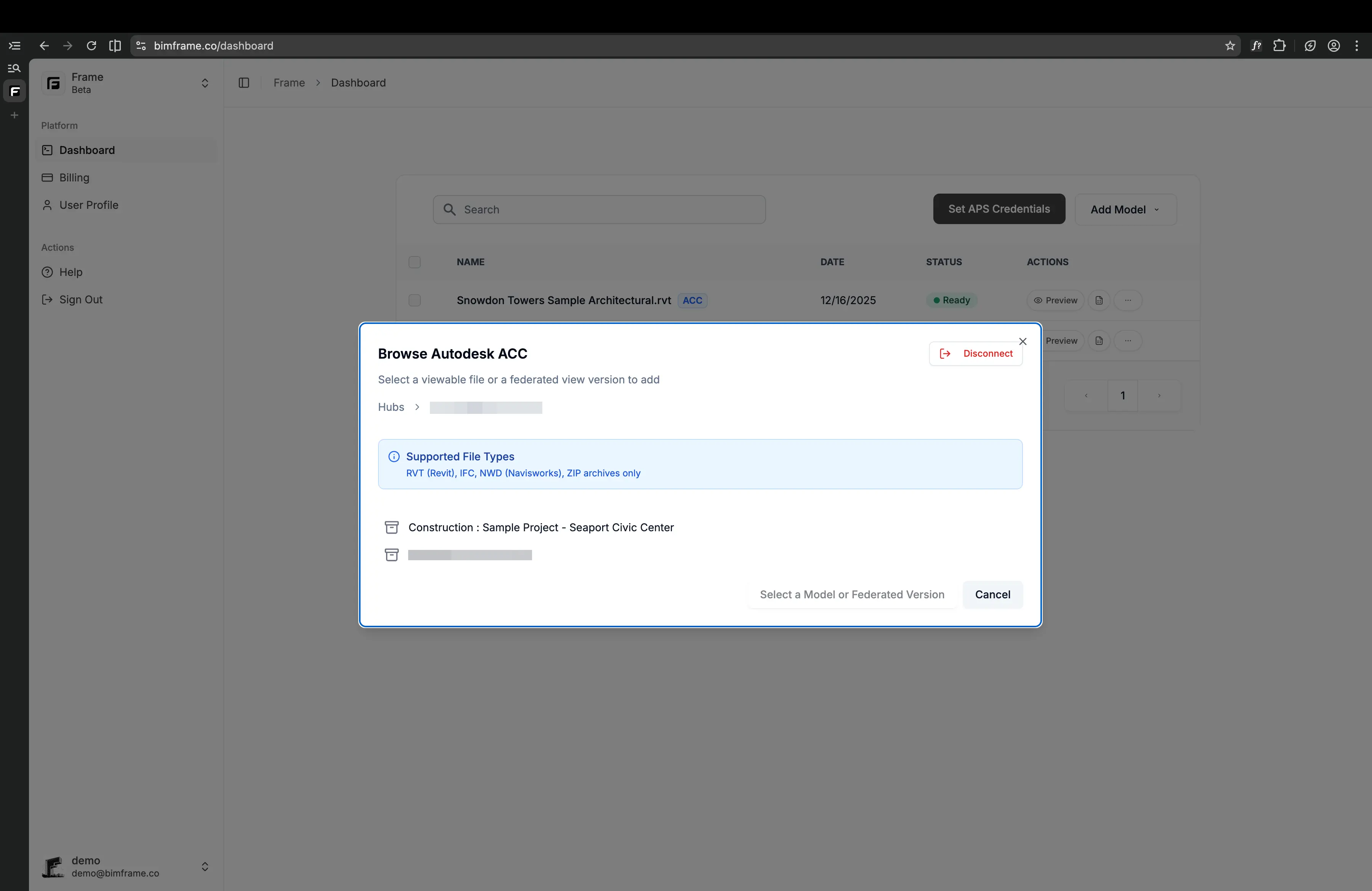 Frame dashboard browsing Autodesk Construction Cloud hubs and projects