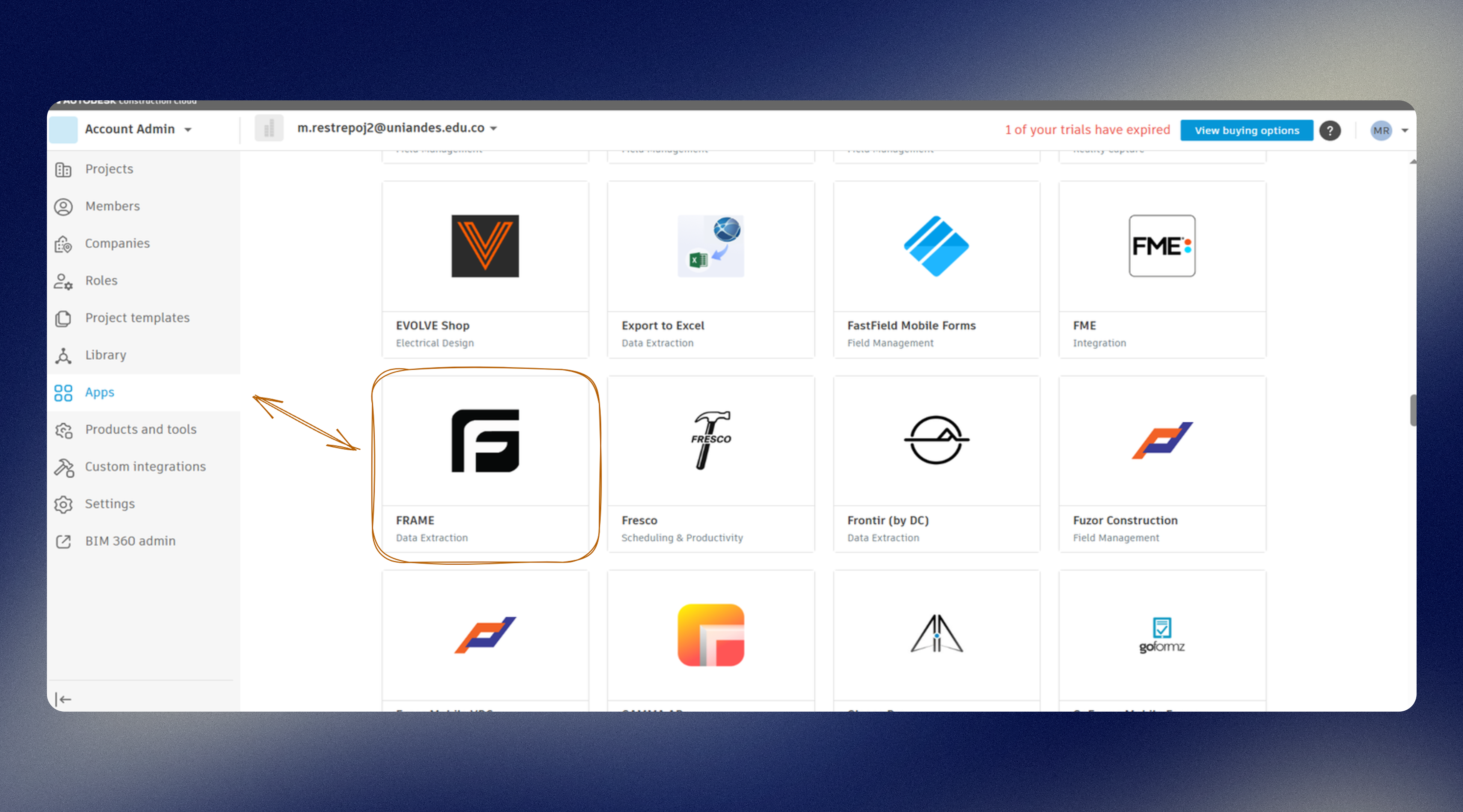 Autodesk Construction Cloud app portal showing the Frame app install flow