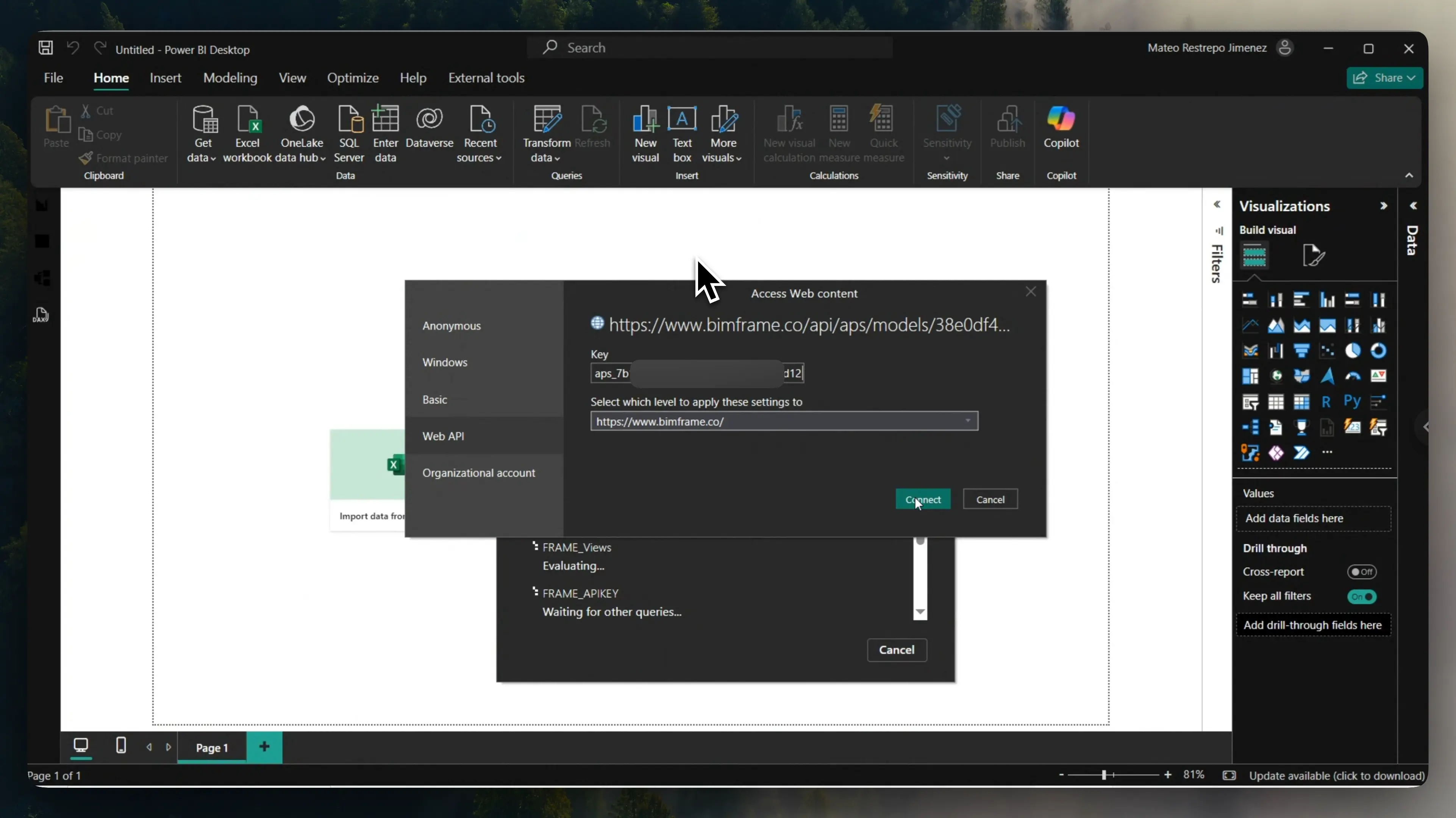 Power BI authentication dialog with the Frame API key pasted into the Web API key field