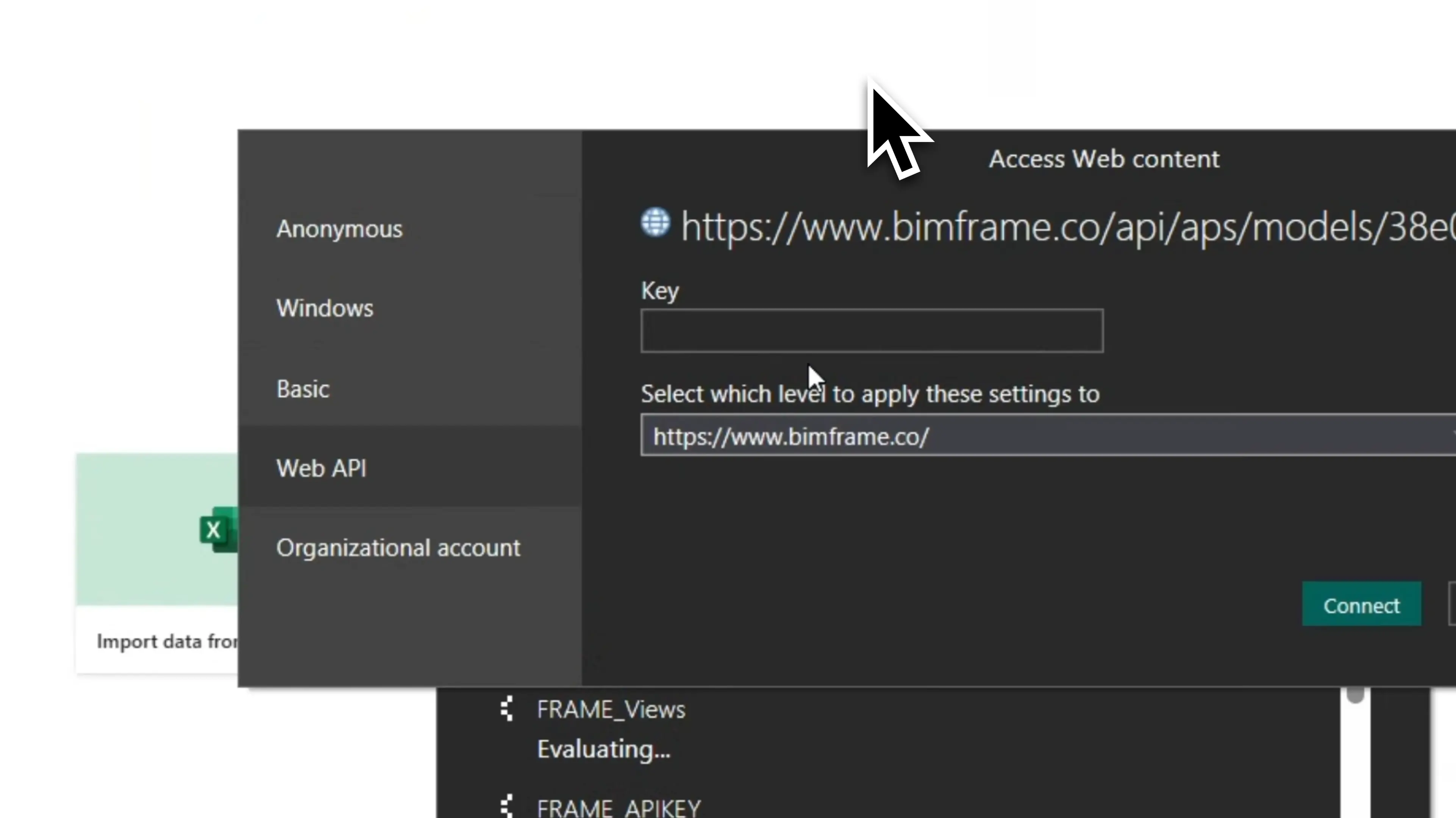 Frame dashboard user profile with the API key visible