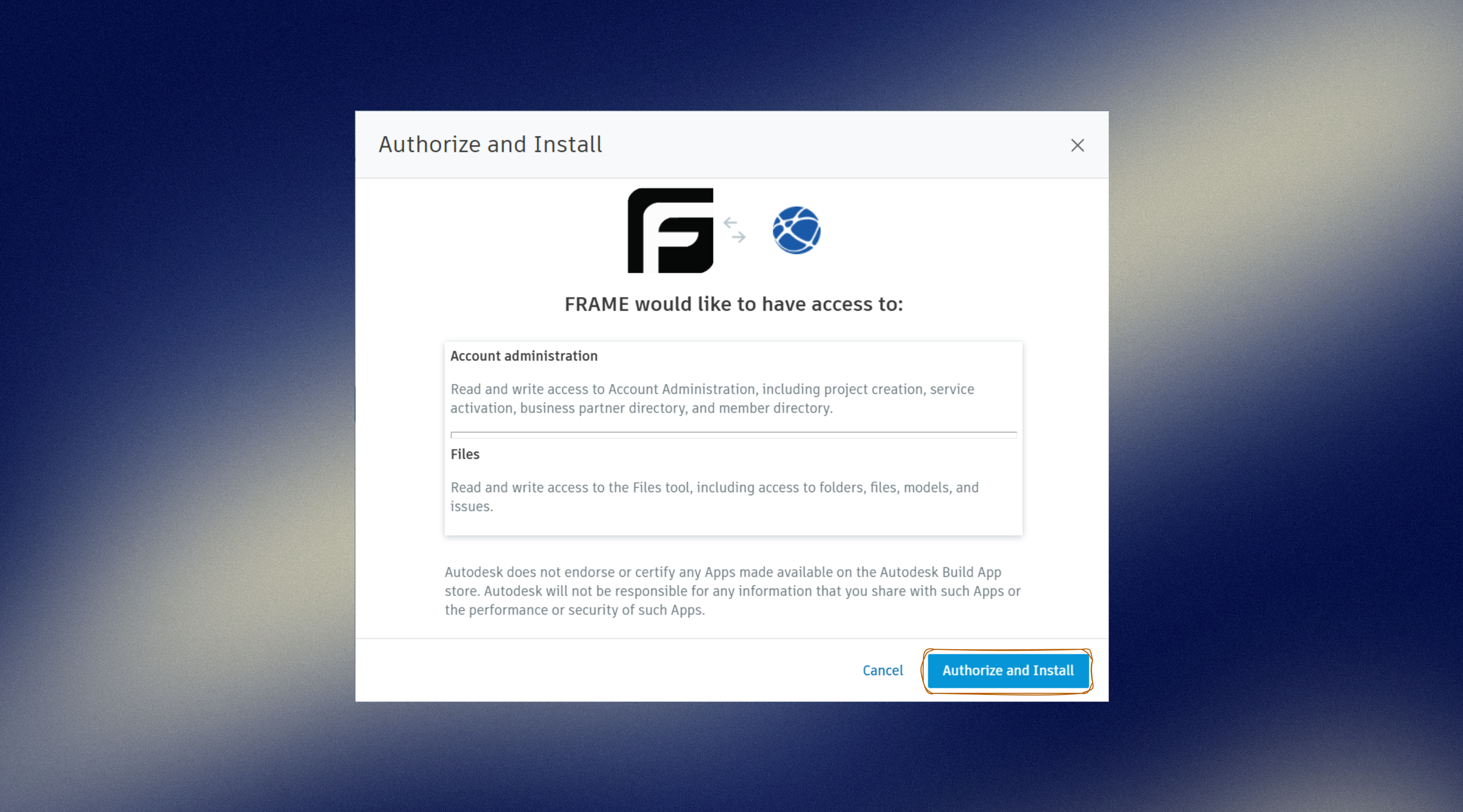 Authorization screen for Frame in Autodesk Construction Cloud