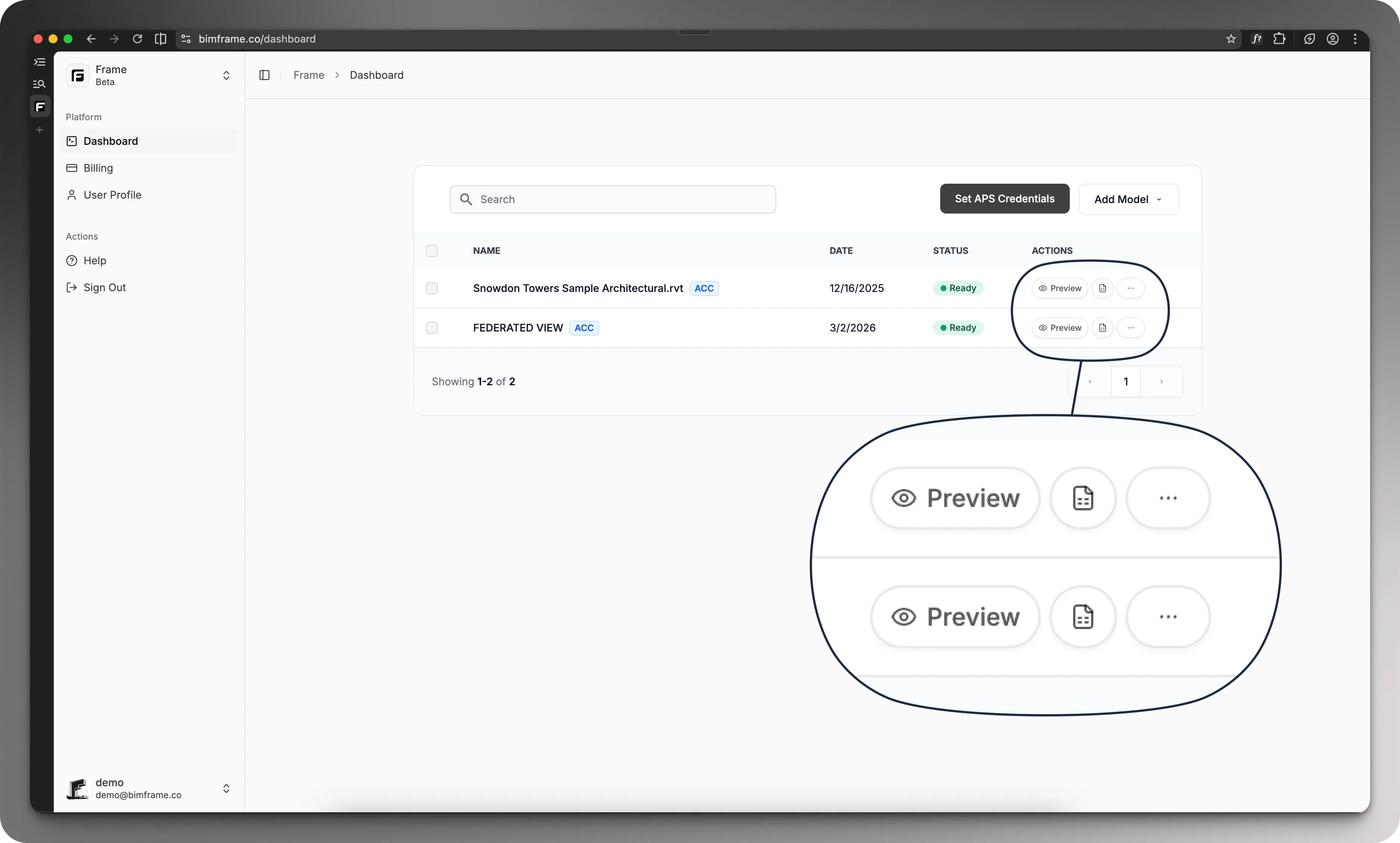 Frame dashboard landing view