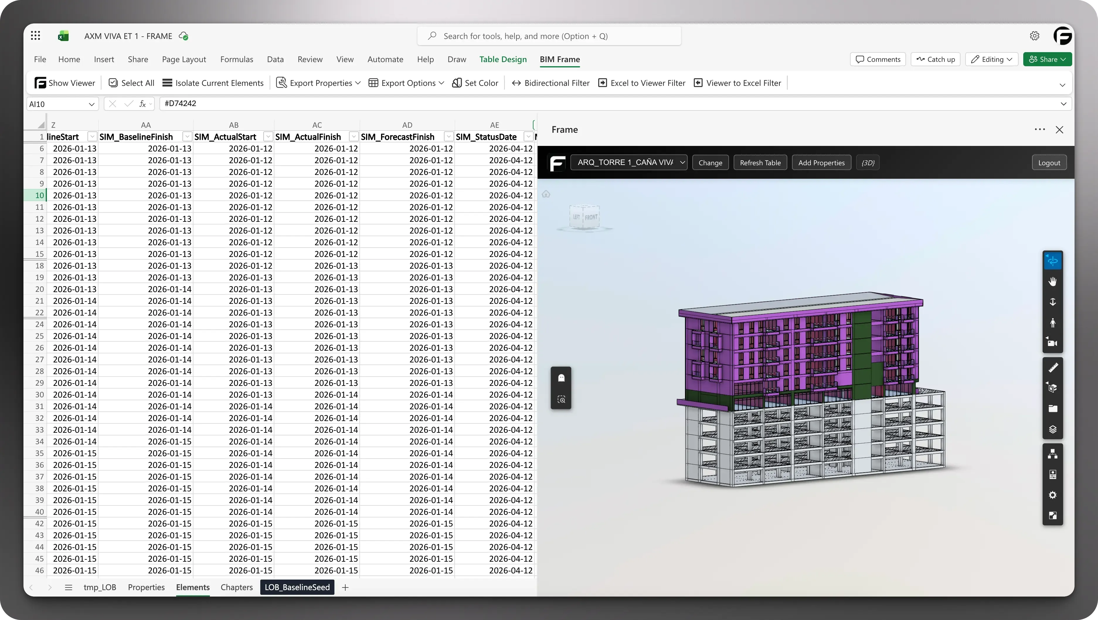 Frame viewer inside the Excel Add-In workflow