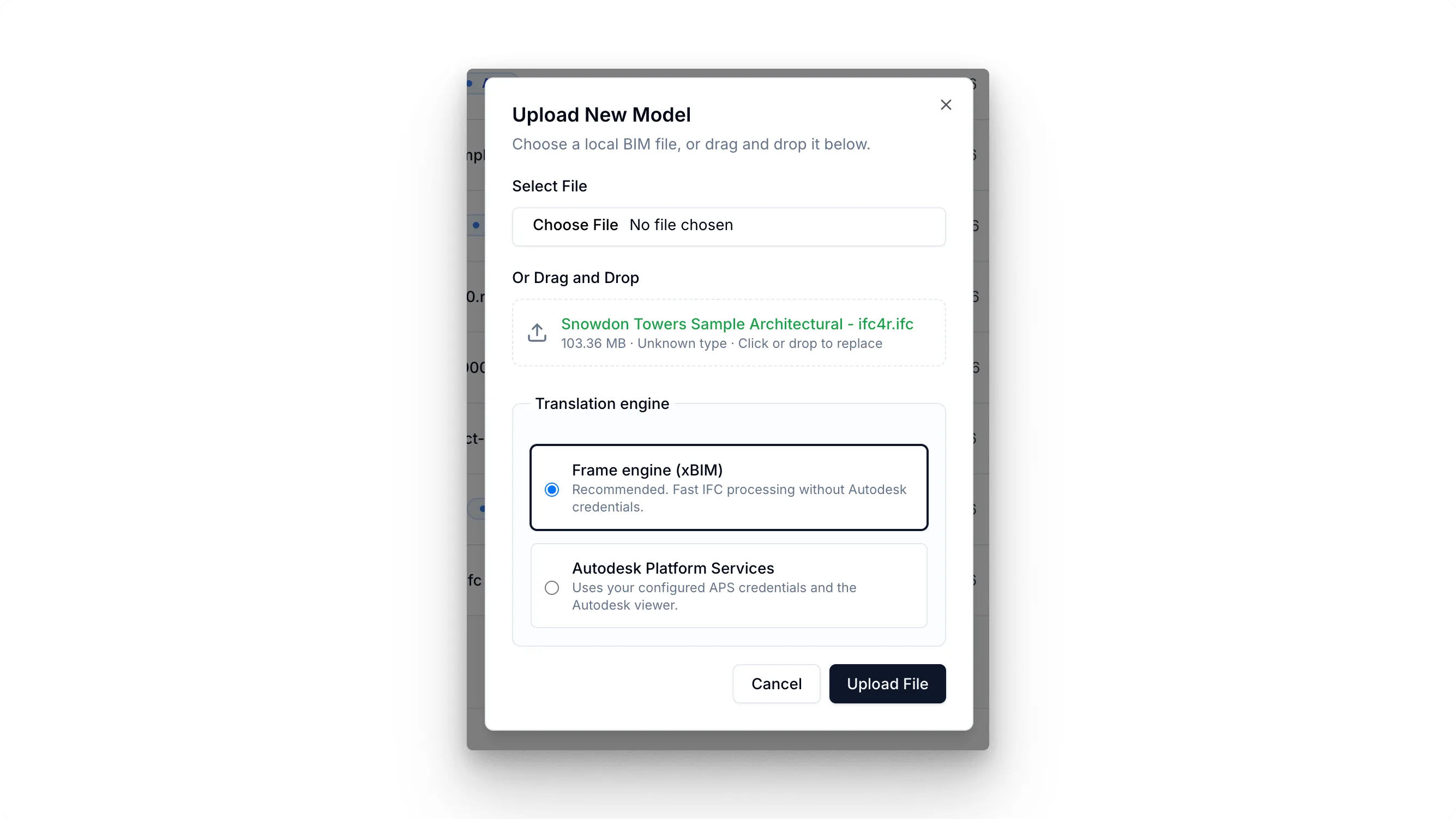 Frame upload dialog with an IFC file and the Frame engine selected