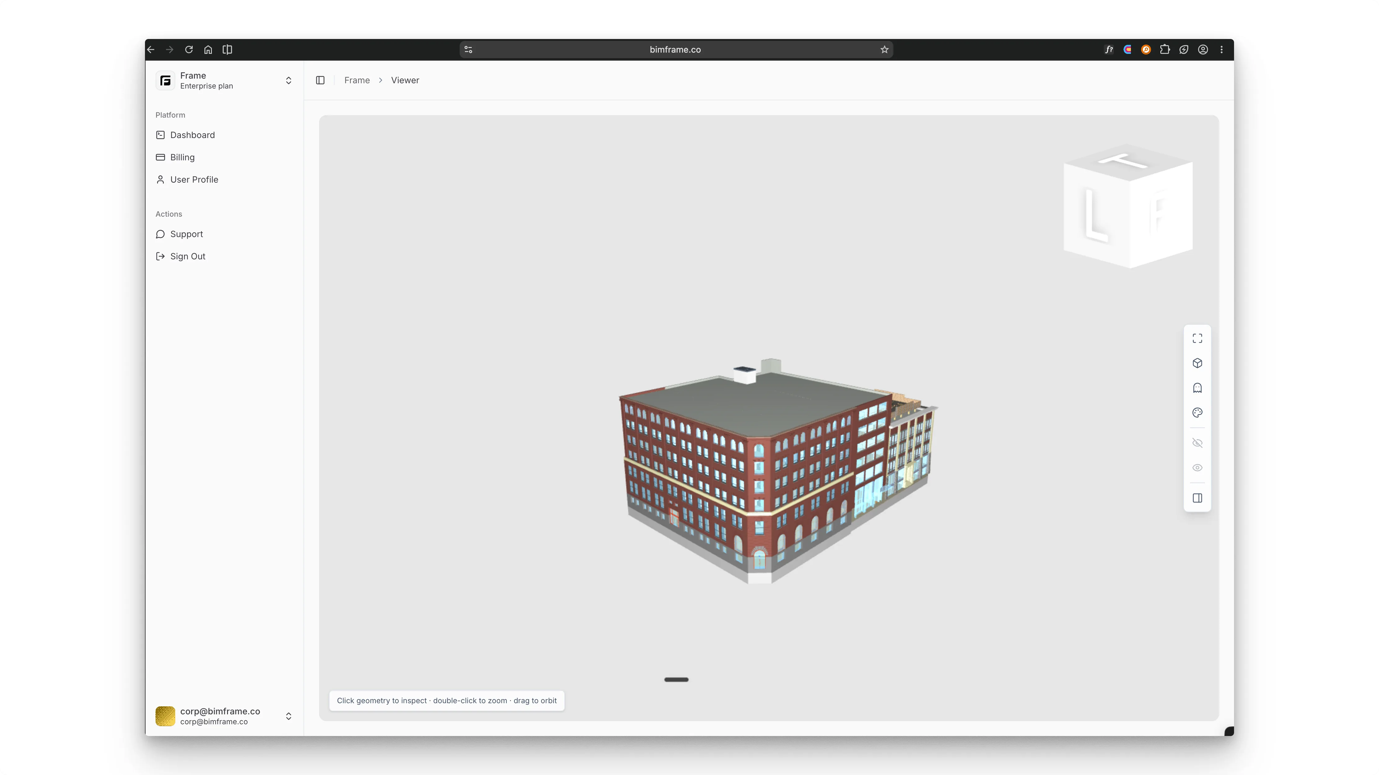 An IFC building open in the Frame browser viewer