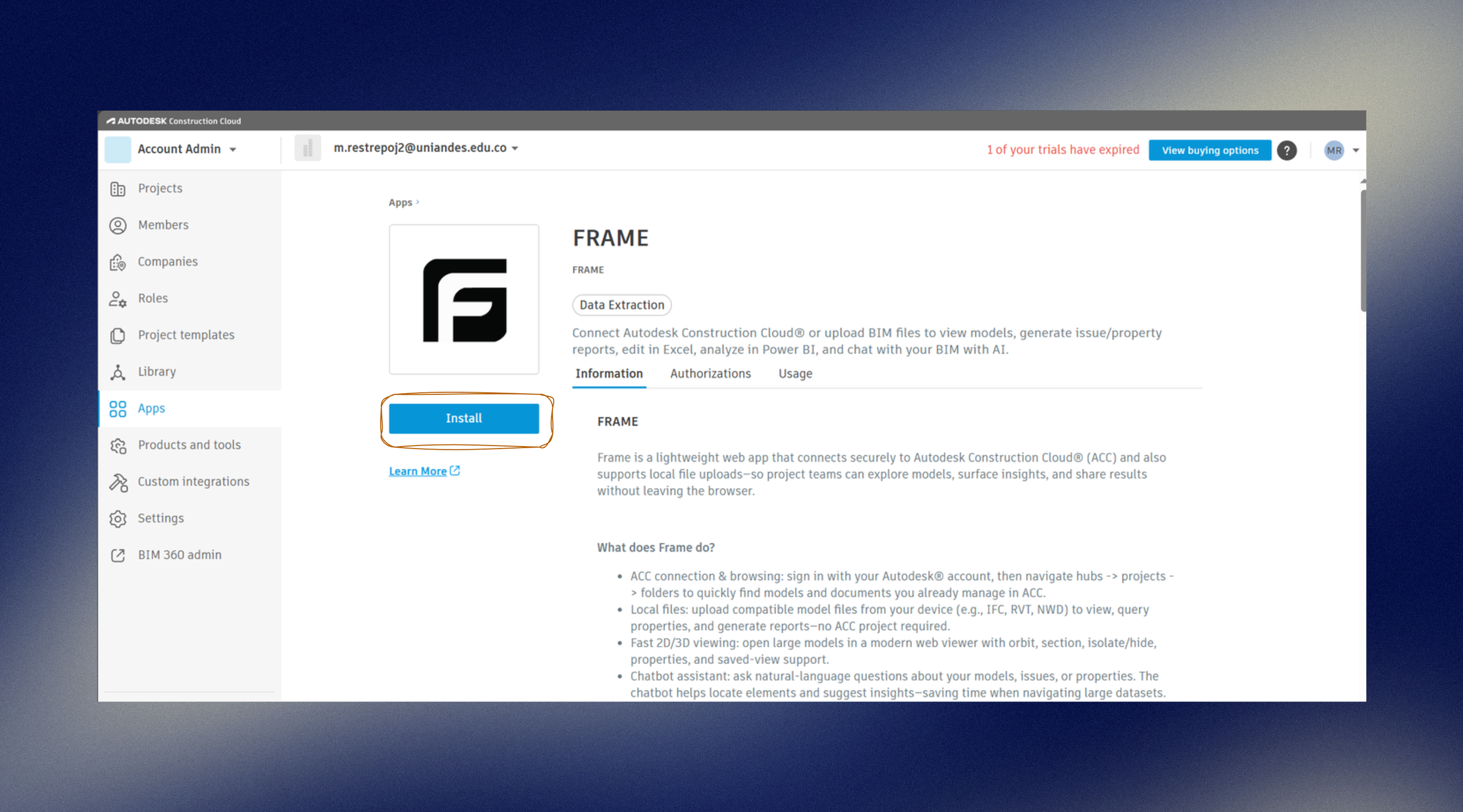 Frame installation and connection screen in Autodesk Construction Cloud