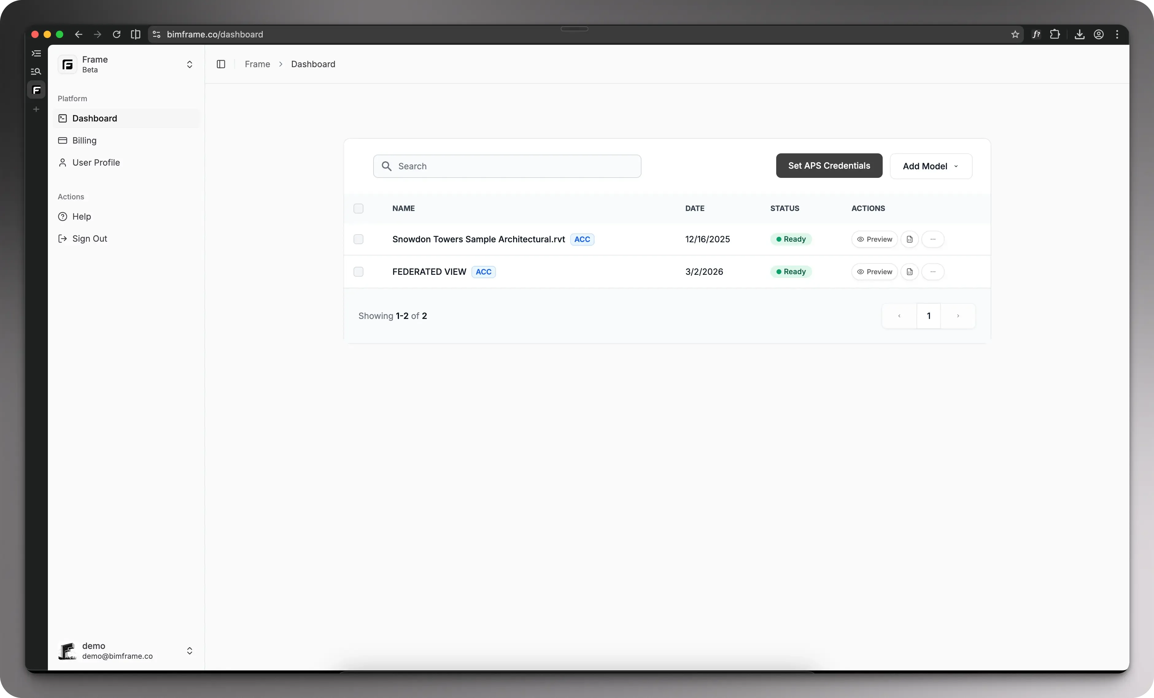 Frame dashboard overview
