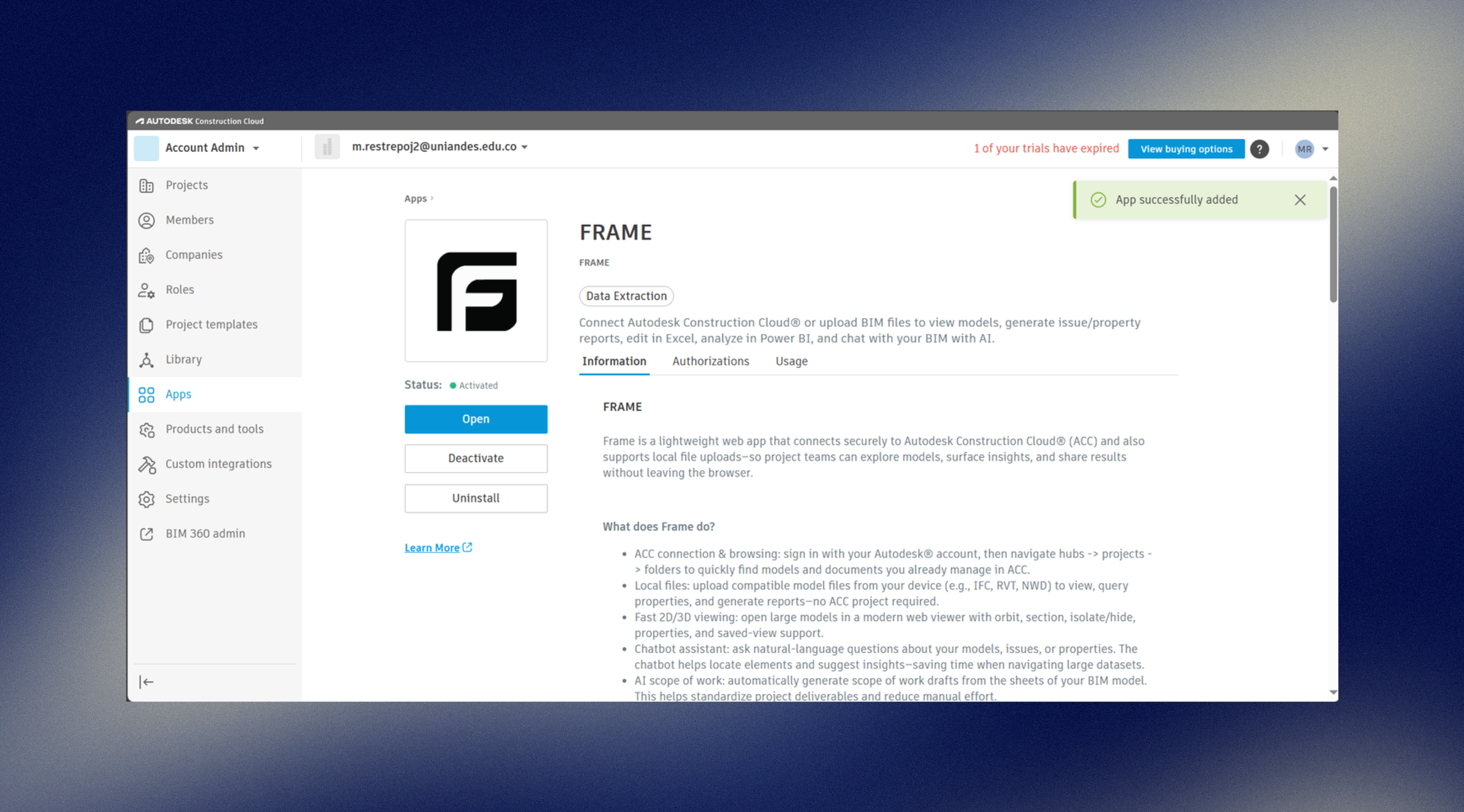 Successful ACC installation in Autodesk Construction Cloud