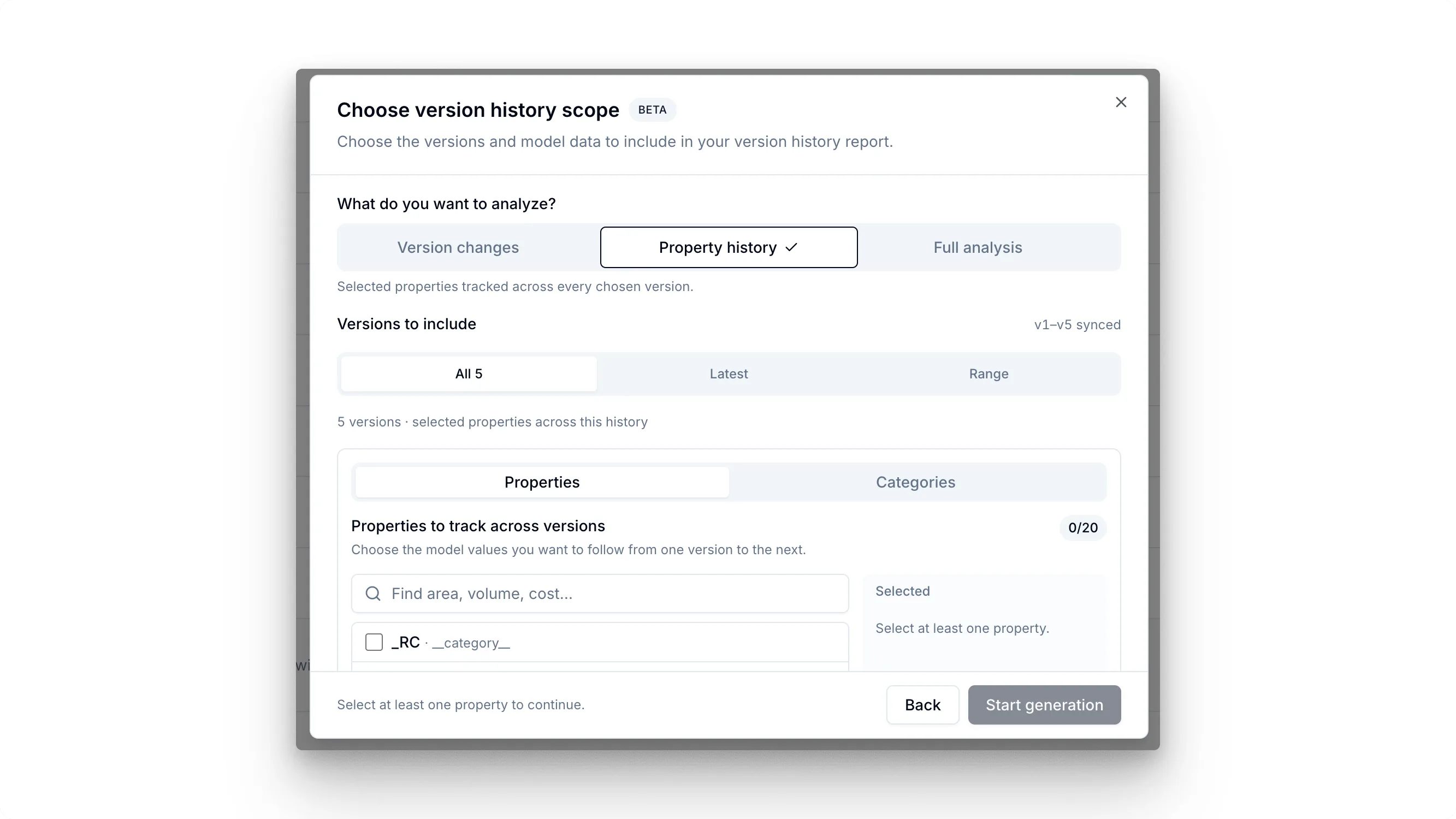Version history dialog with Version changes, Property history, and Full analysis options