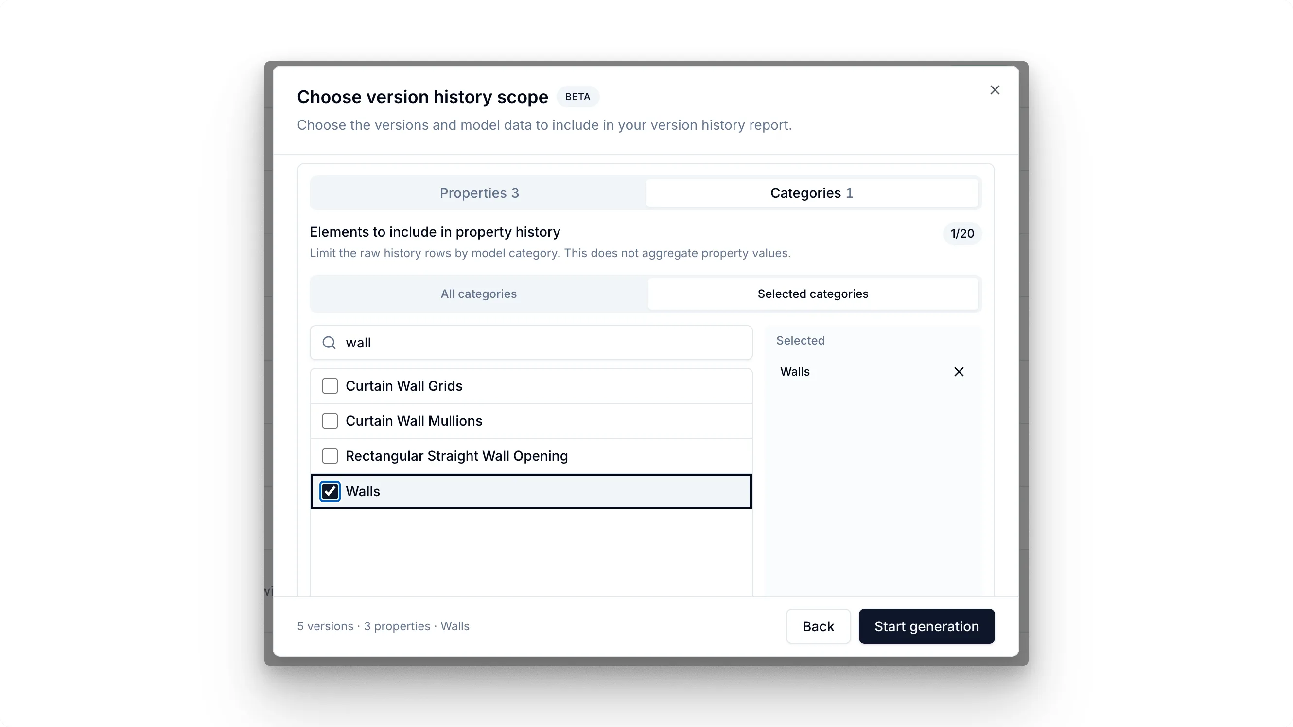 Version history dialog filtered to the Walls category