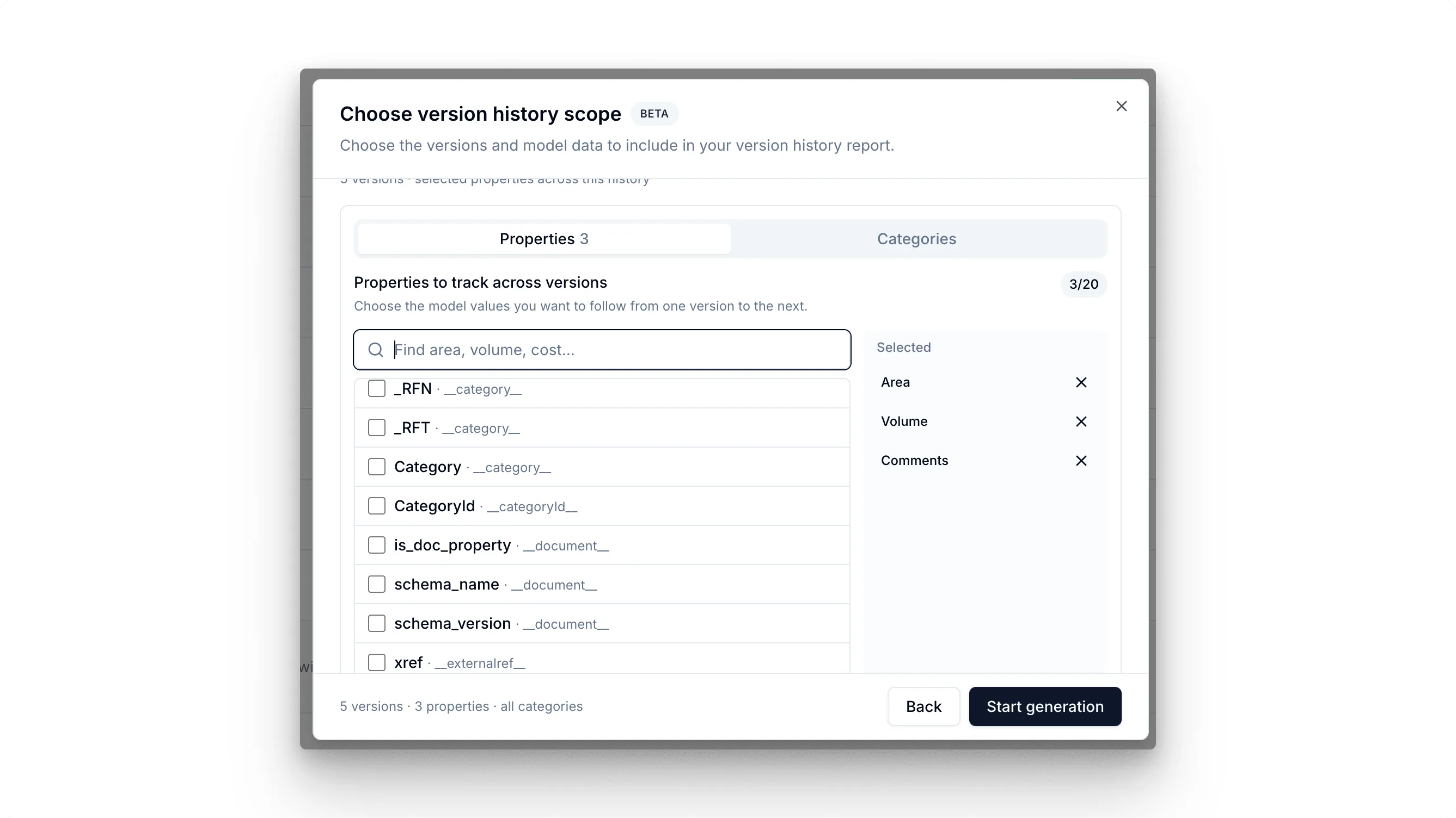 Version history dialog for selecting model properties