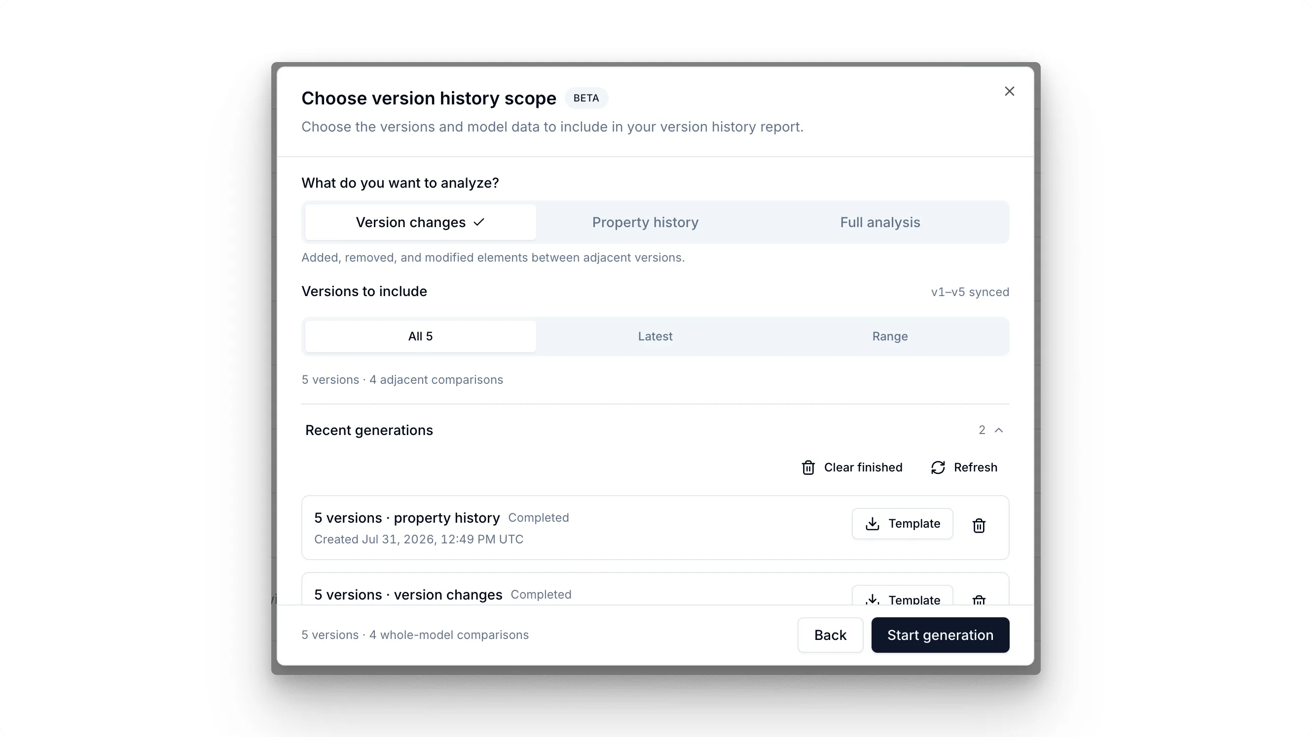 Version history dialog with completed downloadable Power BI templates