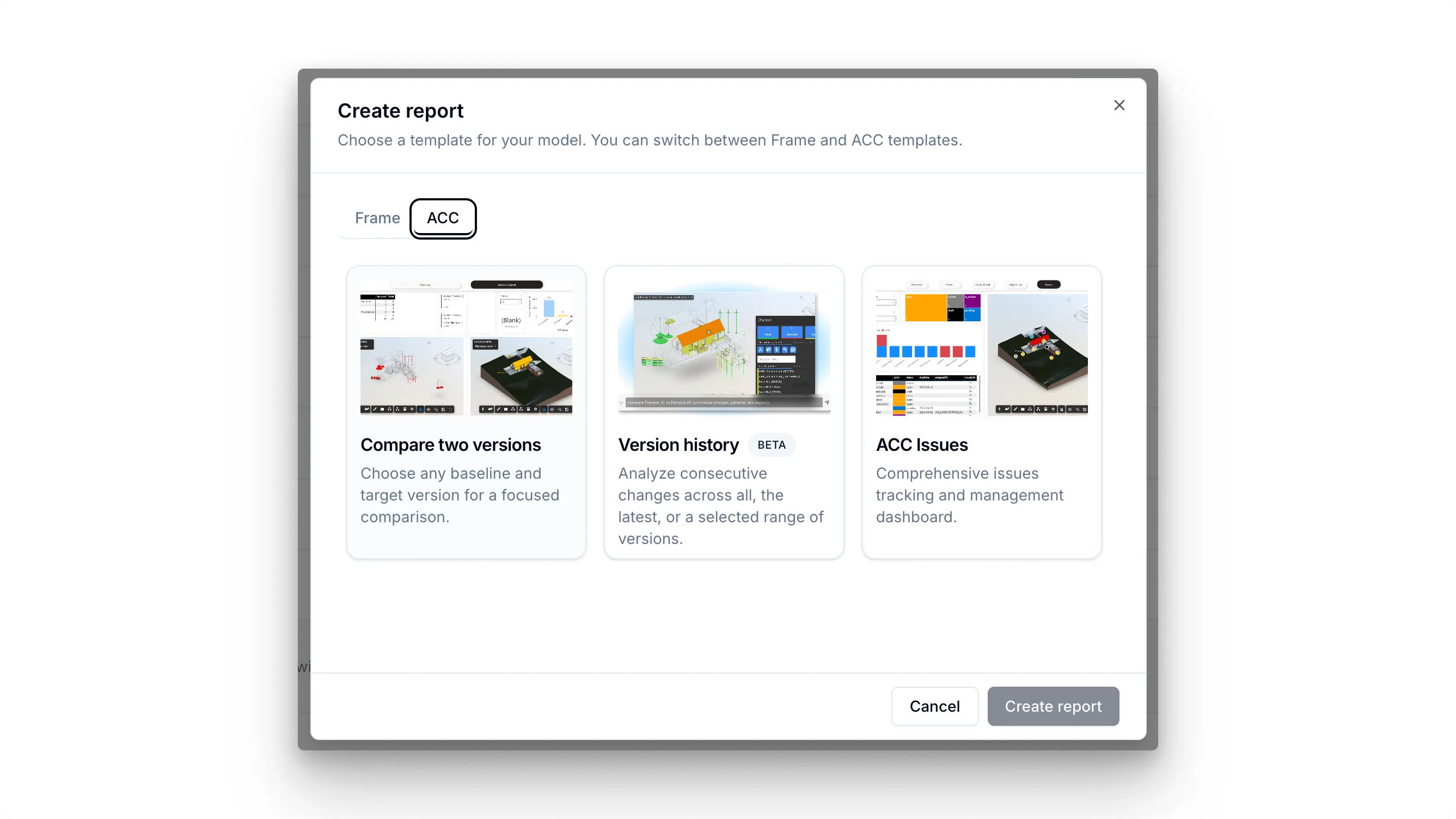 Frame report dialog with the Version history template selected